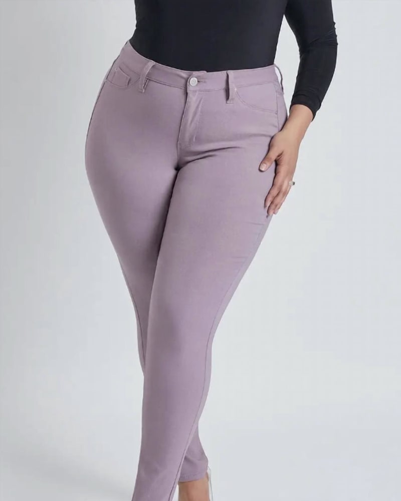 Front of a model wearing a size XXL Hyper Stretch Mid-Rise Skinny Jeans in Orchid in Orchid by YMI. | dia_product_style_image_id:338257